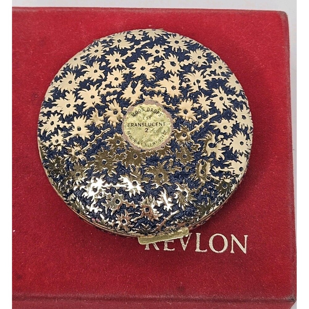Vtg Revlon Moon Drops Demi Makeup Compact w/ Box Van Cleef & Arpels Blue Floral - Picture 3 of 6